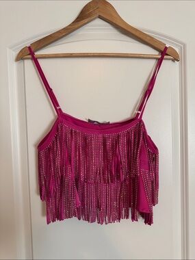 Hot Pink Beaded Fringe Cropped Cami Top